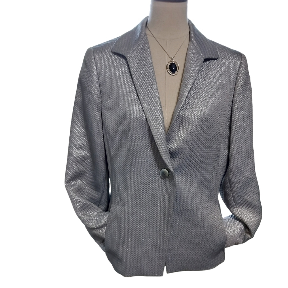 (1162) Jones New York Metallic Silver Single Button Closure Blazer Size 12
